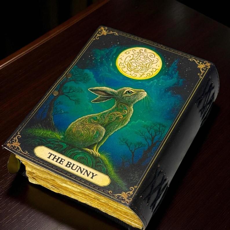 Handmade Leather Bunny Journal – Moonlight Forest Art Notebook with Antique Lock, Mystical Writing & Sketchbook Gift 200 pages
