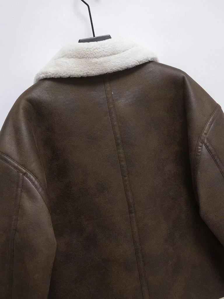Women's Winter Shearling Suede Double-Sided Jacket with Turn-Down Collar