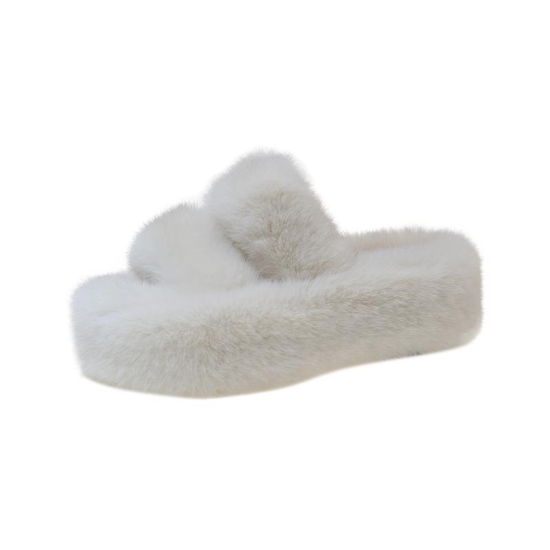 Foreign trade large-size fluffy slippers for women's outer wear 2025 new Korean version of home furnishing autumn and winter one-word thick-soled cott