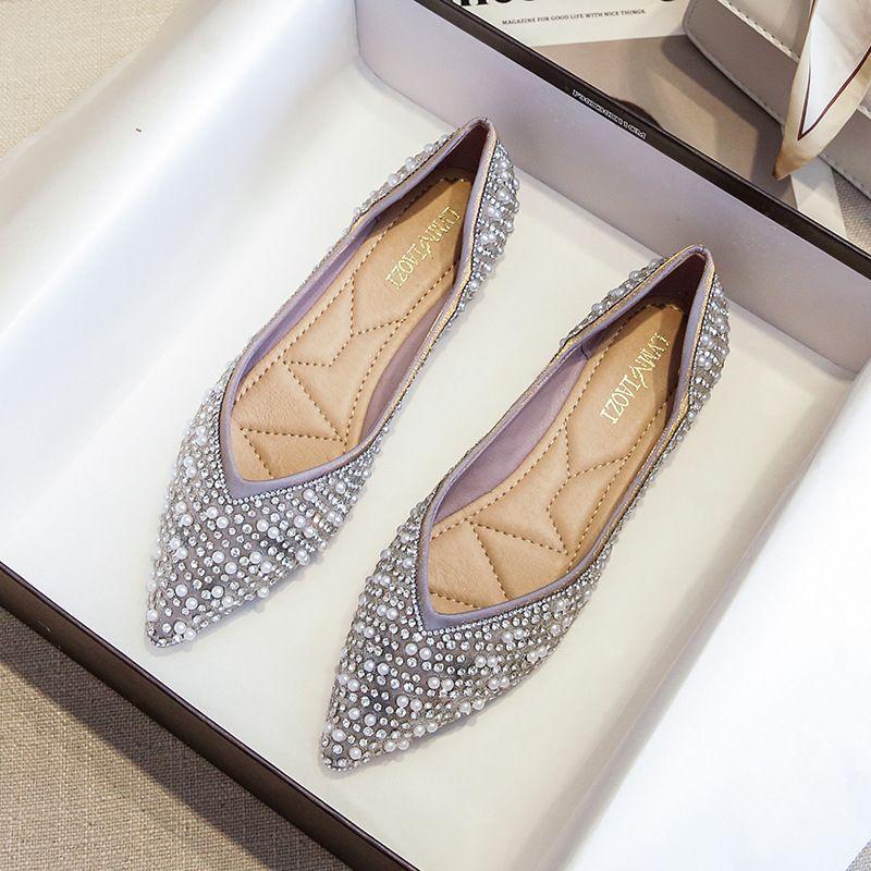 Rhinestone Pointed Single Shoes Women's Summer Flat-soled Shallow-mouth Laden Shoes Soft-soled Large-size Women's Shoes