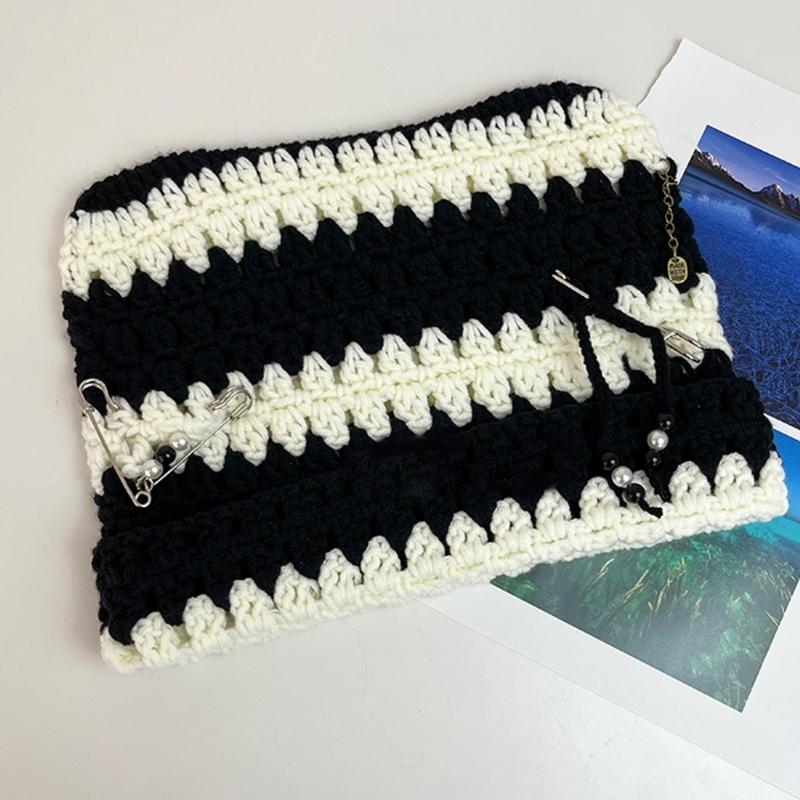 Y2K Devil Striped Knitted Hat Knitted Stripe Pattern Hat for Women Men Keep Ear Warm Hat with Paper Clip Decor