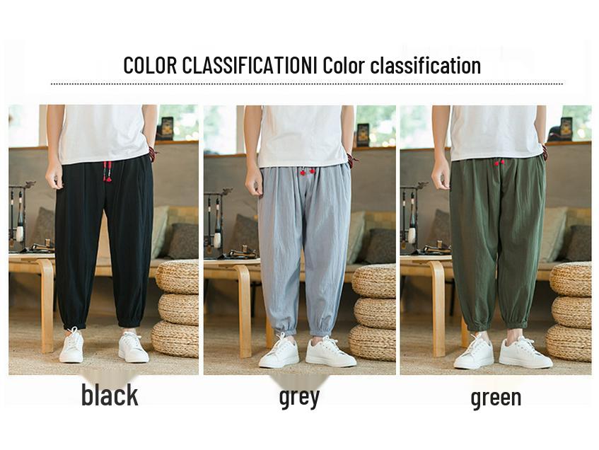 2023 Summer Japanese Plus Size Men's Cotton Linen Joggers Loose Casual Nine-Point Pants
