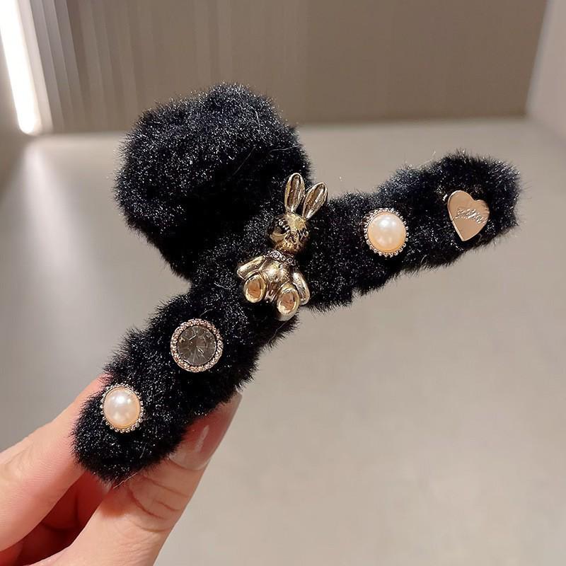 2025 New Year Red Plush Pearl Claw Clip - Stylish Women's Shark Hairpin Accessory for Buns and Hair Styling
