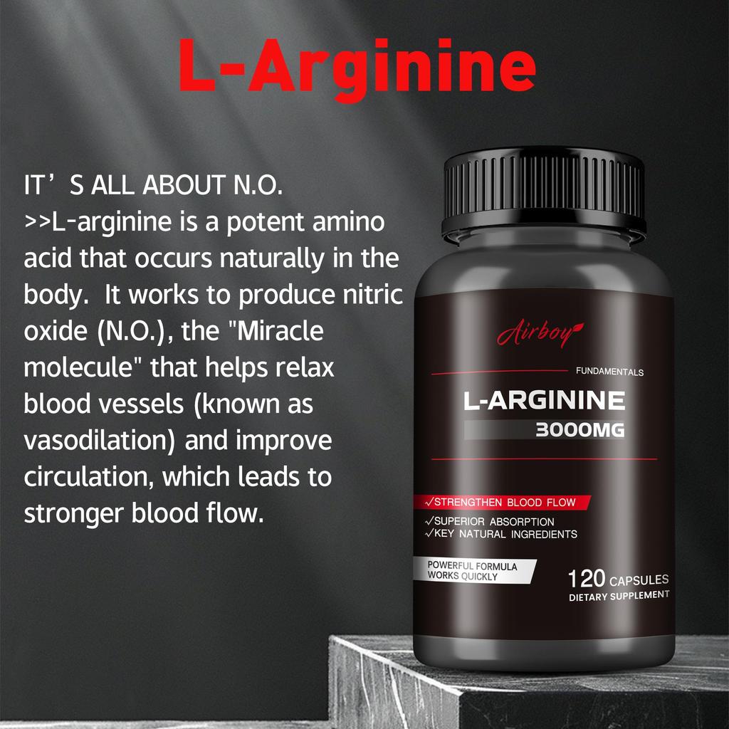 Airboy L-Arginine Nitric Oxide Supplement 3000mg promotes blood circulation and enhances nutrient delivery; suitable for adults.