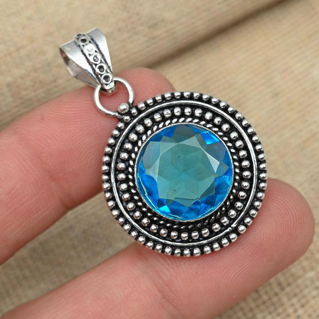 AAA+ Blue Topaz Gemstone 925 Sterling Silver Handmade Beauteous Pendant Jewelry
