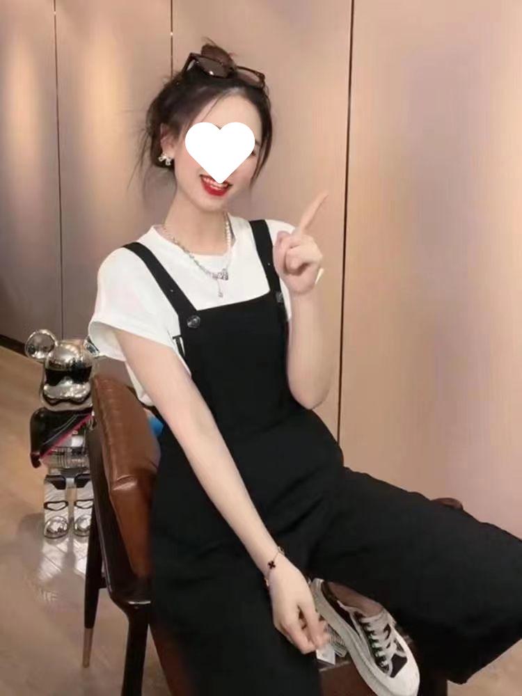 Trendy Black Straight-Leg Draping Suspender Pants for Women - Slimming, Versatile, Casual Summer Style