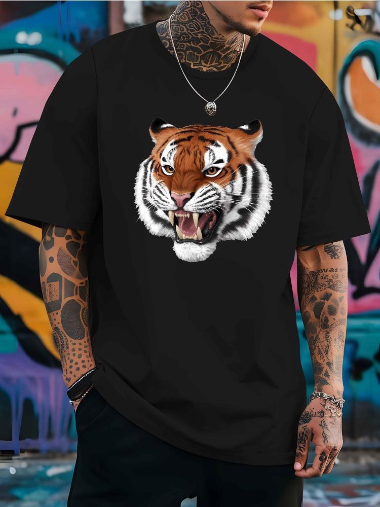 Unisex Red Oversized Tee Realistic Roaring Tiger Print Soft Cotton Short Sleeve Crewneck Streetwear Summer Daily Male Casual Top