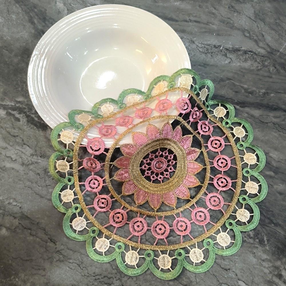 Vintage Embroidery Lace Doily Placemat Mandala Colorful Lace Coaster Table Cloth Round Hollow Table Cup Mat for Kitchen Table