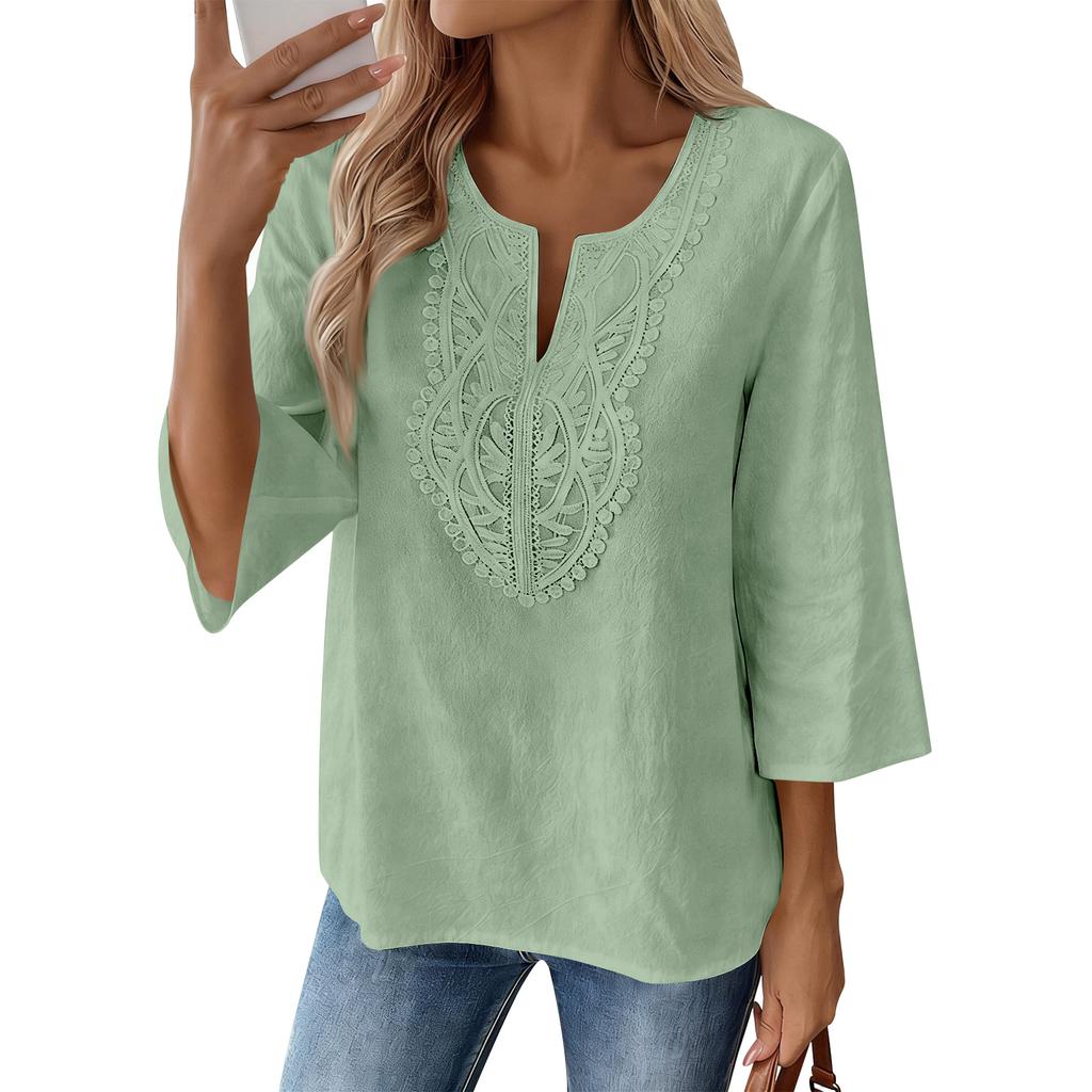 Blusa Casual da Donna con Maniche a 3/4 Ricamata, Vestibilità Larga, Tunica con Scollo a V Spaccato per l'Uso Quotidiano, Stile Comodo
