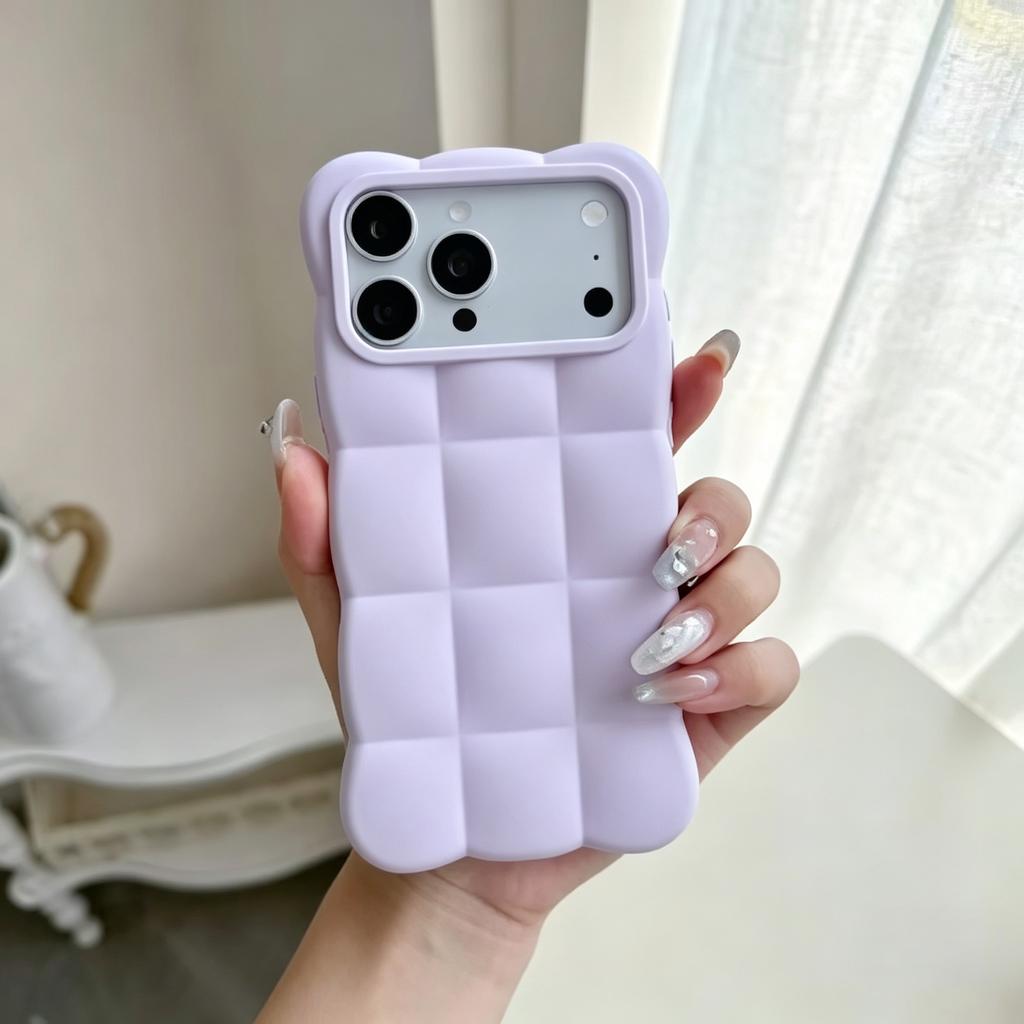 Cartoon Lattice 3D Block Phone Case For iPhone 18 17 16 15 14 13 Pro Max Candy Solid Color Shockproof Silicone Soft TPU Cover