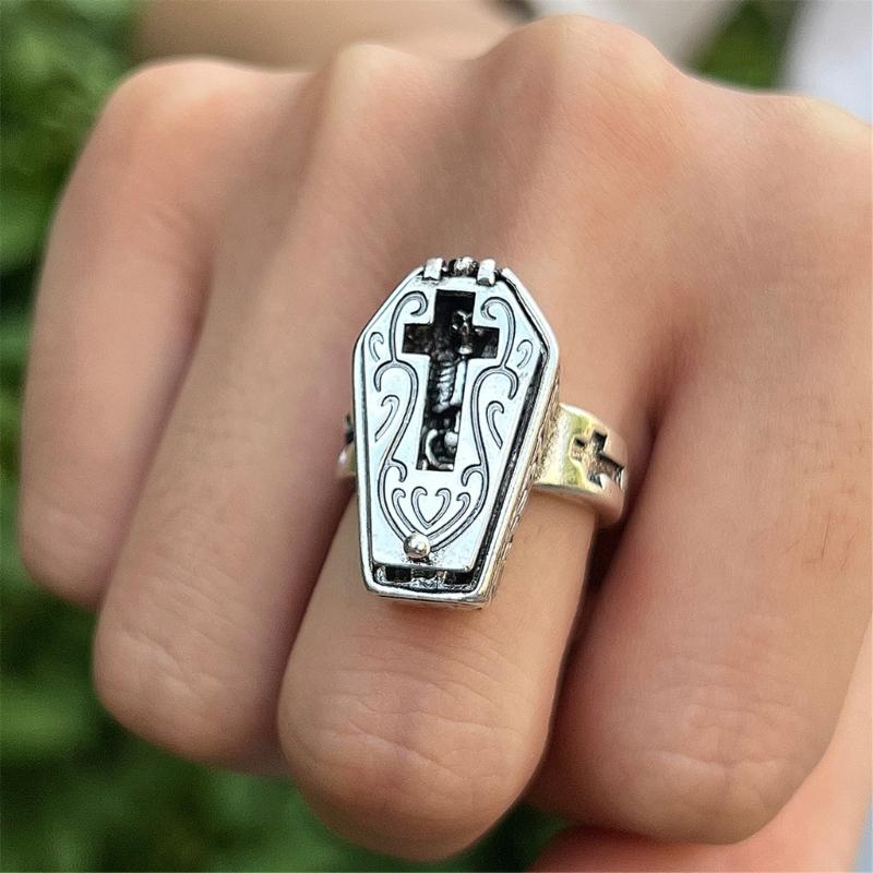 Openable Skeleton Coffin Crosses Rings Stylish Skull Coffin Rings Distinctive Finger Rings Accessories for Gatherings