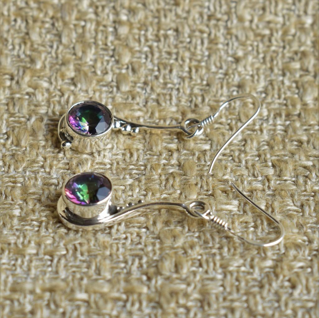 Mystic Topas 925er Sterlingsilber Ohrringe, Handgefertigte runde Edelstein-Hänger