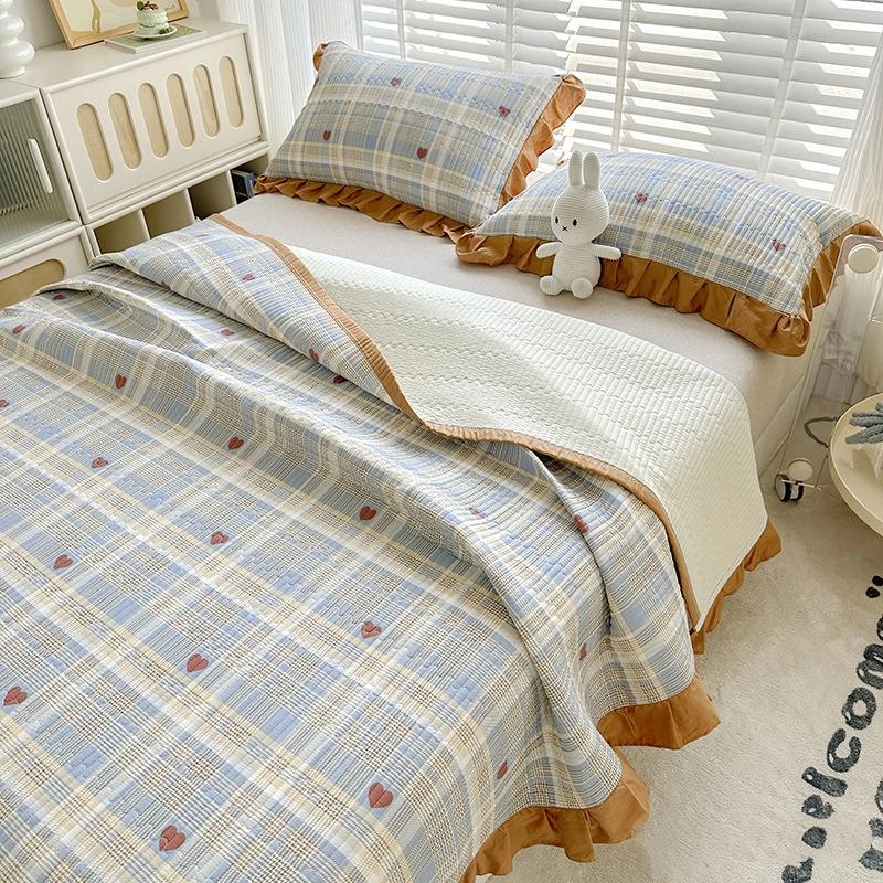 Cotton Quilted Bedspread Set 3 Pieces With Lace Trim Pure Cotton Washed Bed Sheet And Two Pillowcases Soft Breathable Durable Bedding Set