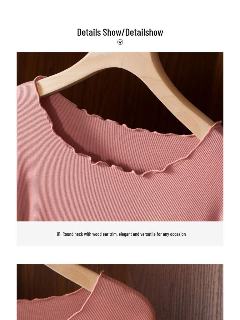 Women's Slim Fit Wood-Ear Trim Modal Long Sleeve T-Shirt, Round Neck, Plus Size, Spring/Autumn Versatile Top
