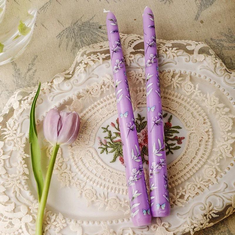 2PCS/Box Printed Long Candle European-Style Romantic Candlelight Dinner Wedding Festival Marriage Decoration Smokeless Candle