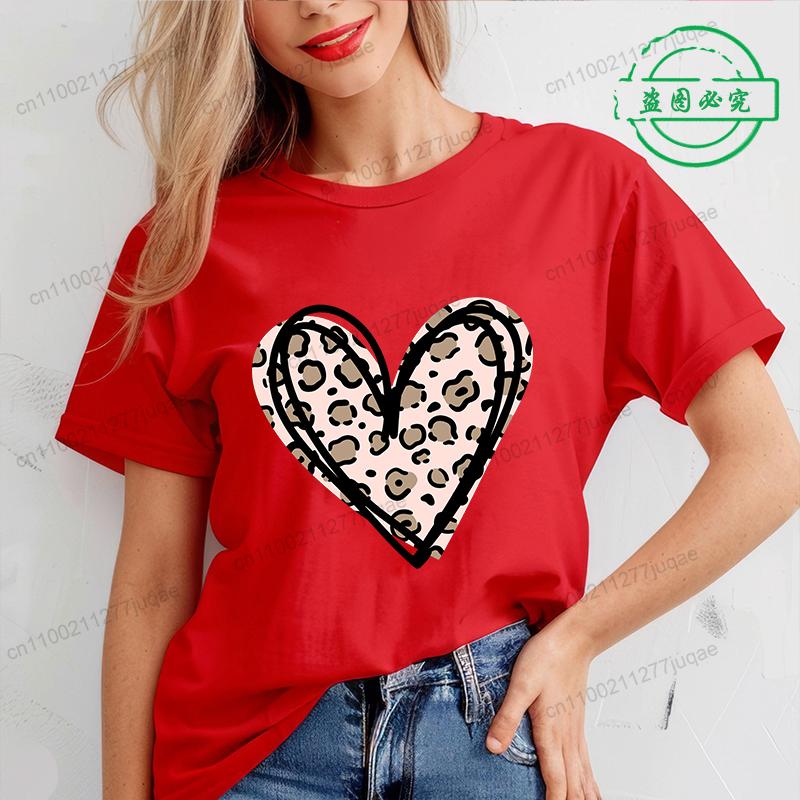 Valentine Heart Printed T Shirt for Women Leopard Heart T-shirt Girl Short Sleeve Crew Neck Casual Top for Summer Women Clothing