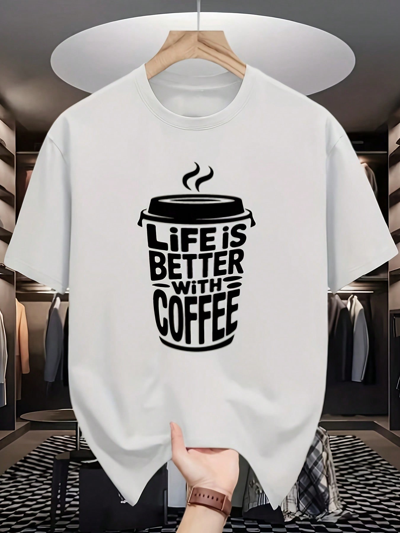 unisex  Coffee-Themed T-Shirt With  Life Is Better With Coffee  Print & Black Cup - Casual Round Neck Short Sleeve Shirt Suitable For Coffee Lovers, M S разноцветный