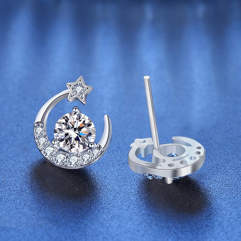 Exquisite S925 Sterling Silver Moissanite Star and Moon Stud Earrings for Pierced Ears