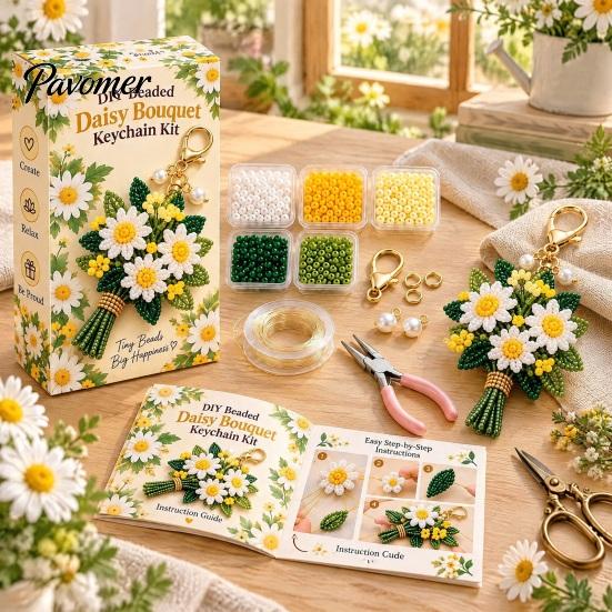DIY Bouquet Keychain Set Handmade Flower Craft Set, Beaded Making Handicraft Material Pack Kit, Complete Kit for Bag Charm Decorative Pendant