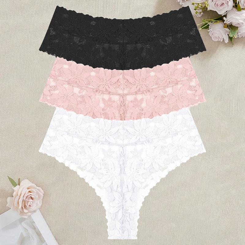 3Pcs/Set Women's High Waist Panties Ladies Sexy Lace Hollow Out Thong Breathable Transparent G-strings Solid Color Soft Lingerie