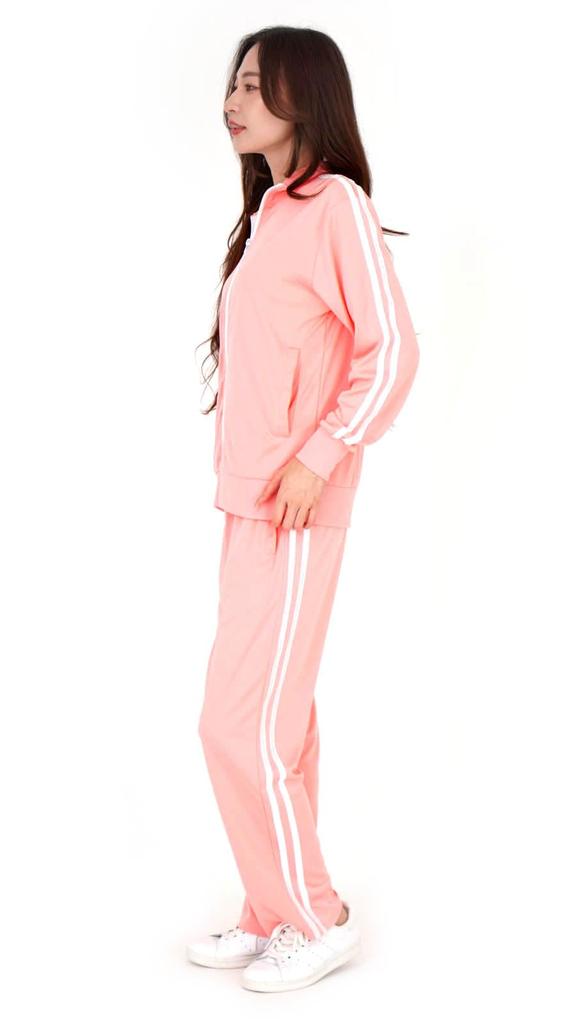 Colored tracksuit top and bottom set with two sportswear for men and sizes pants stripes, women, S/M/L/LL, (M, pink)