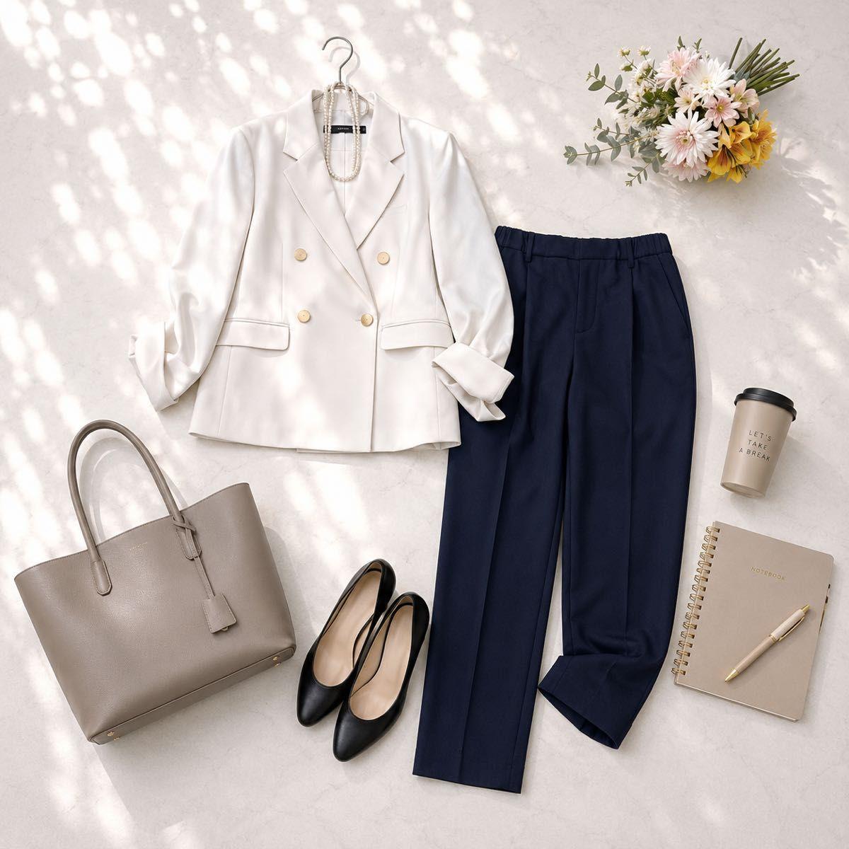 Rope Picnic pants suit tailored jacket gold buttons office casual commuting white navy blue 38