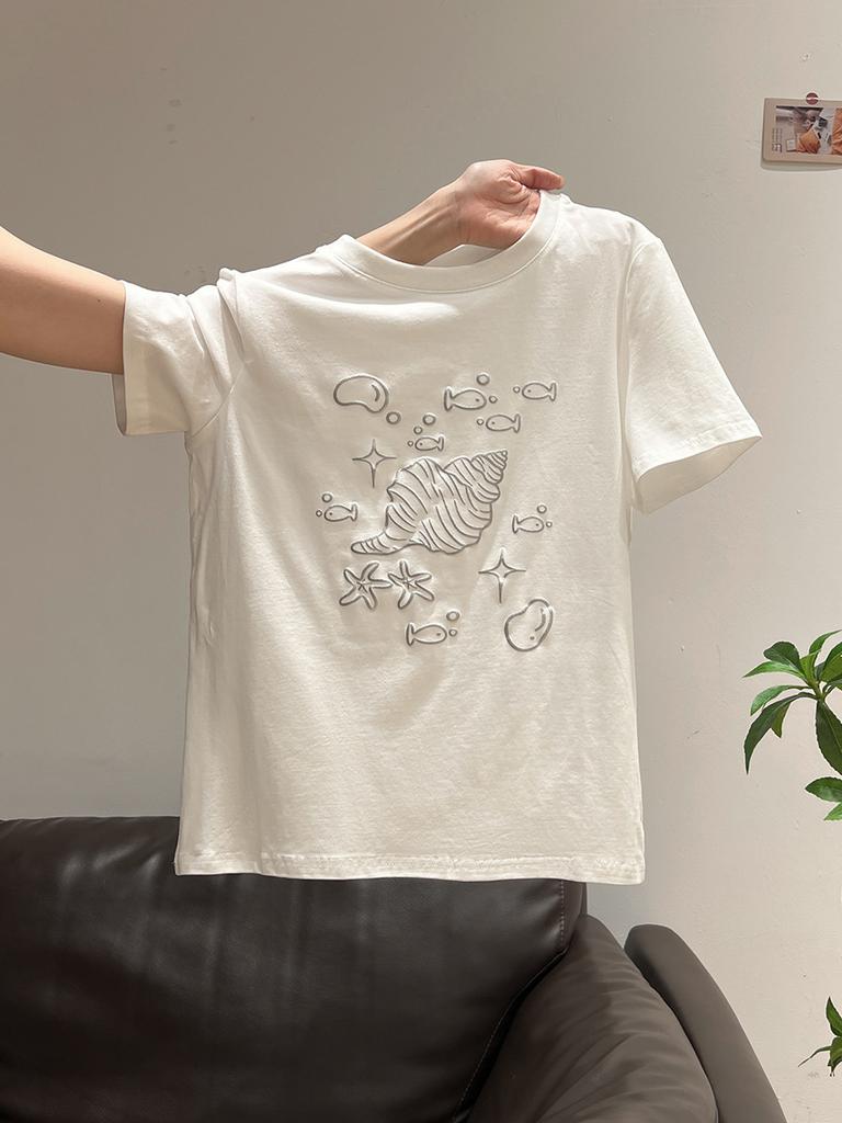 Sweet and cute shell print round neck front shoulder short-sleeved women's t-shirt summer new loose and thin top