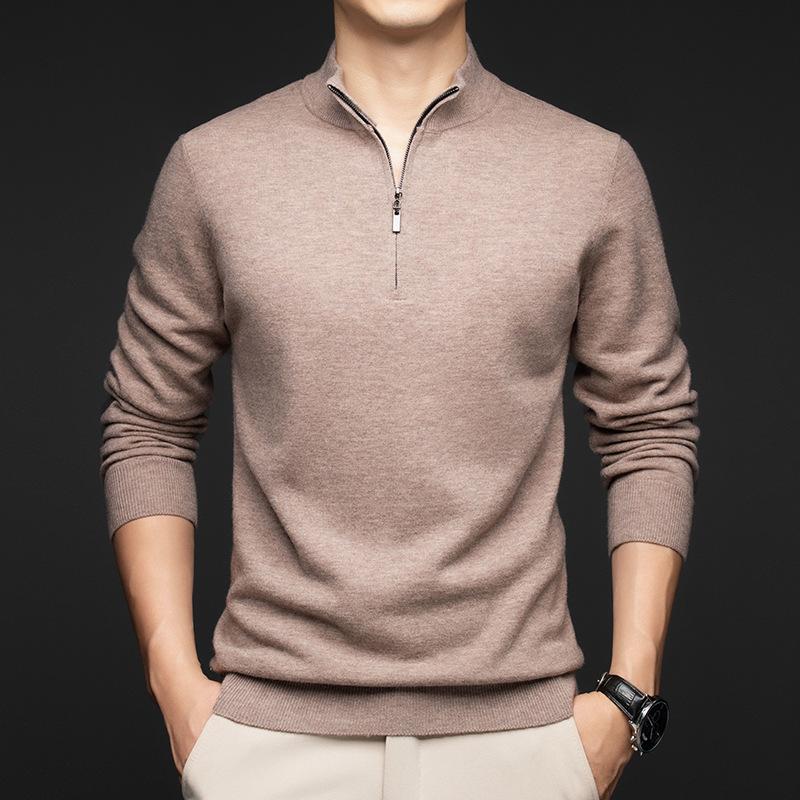 Men's Pure Wool Half-High Collar Zipper Sweater - Soft & Skin-Friendly Base Layer for Autumn/Winter.