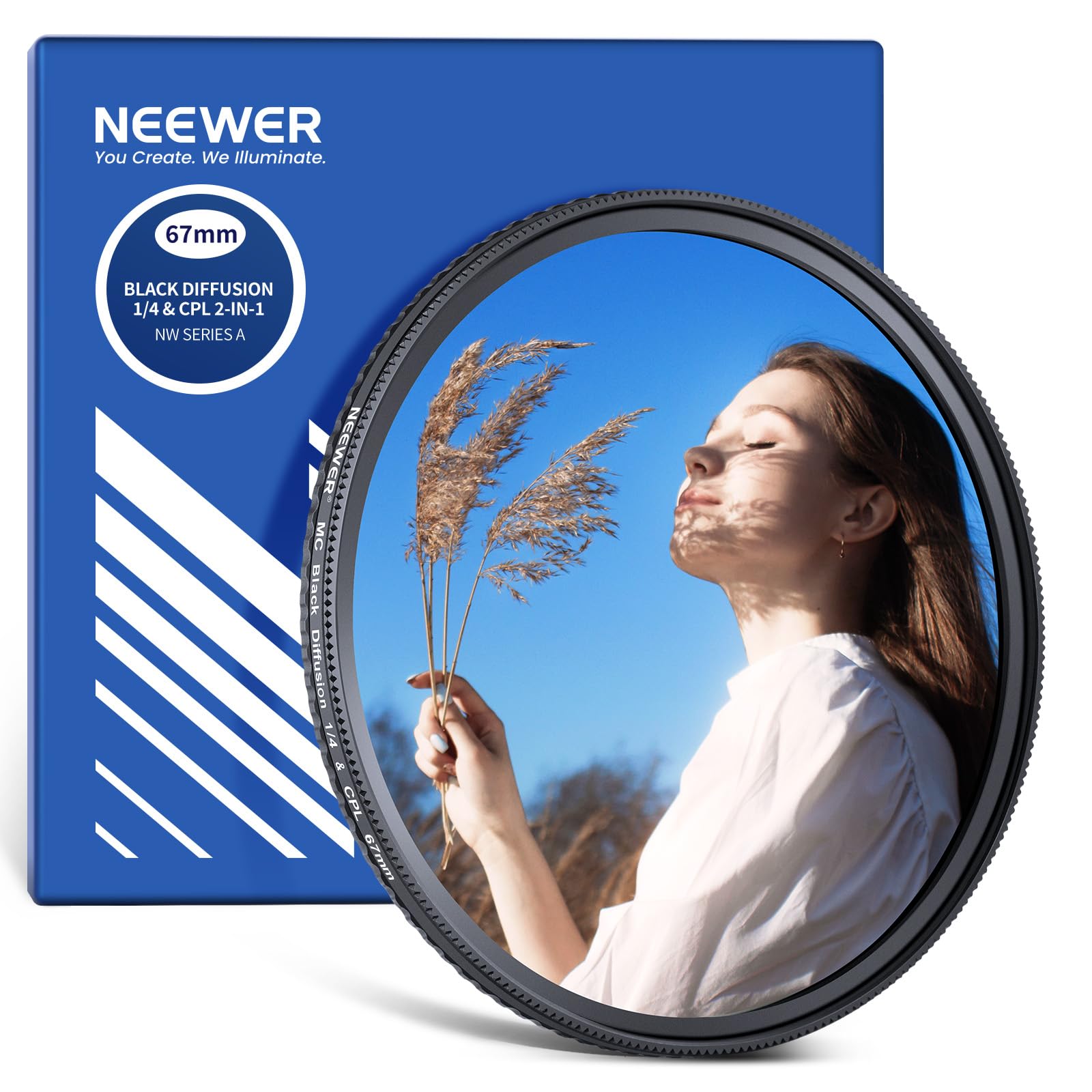 

NEEWER CPL Black Diffusion Glare Reduction Circular Cinema Camera Lens Filter with Thin Aluminum Frame Optical 67mm 2-in-1 + 1/4 Filter, Polarizer,