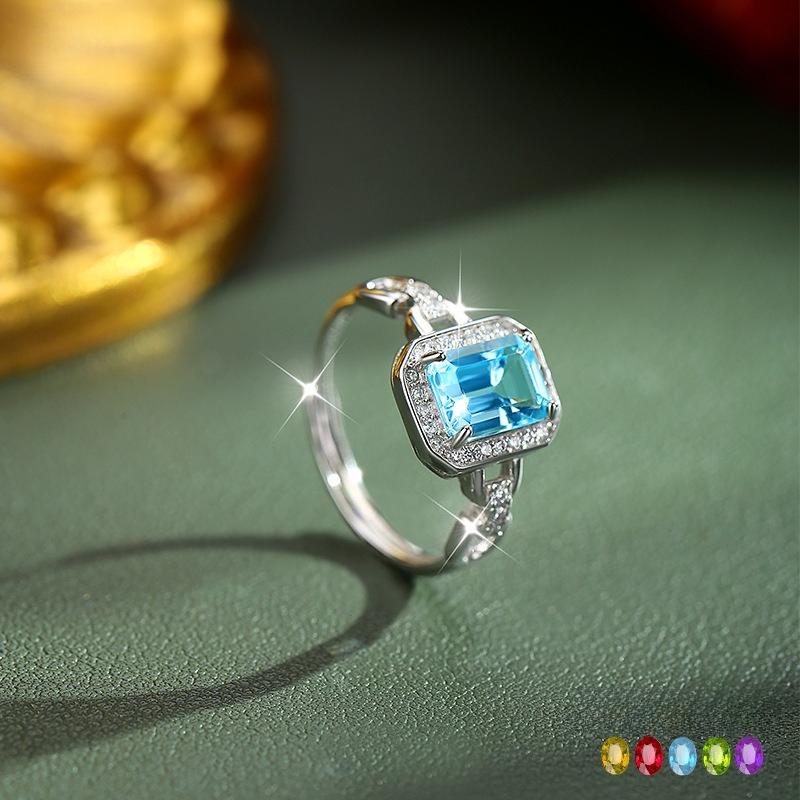 S925 Sterling Silver Square Natural Crystal Ring, Paved Colored Gems Adjustable Band, Luxury European Style Jewelry for Women, Daily Wear & Gift