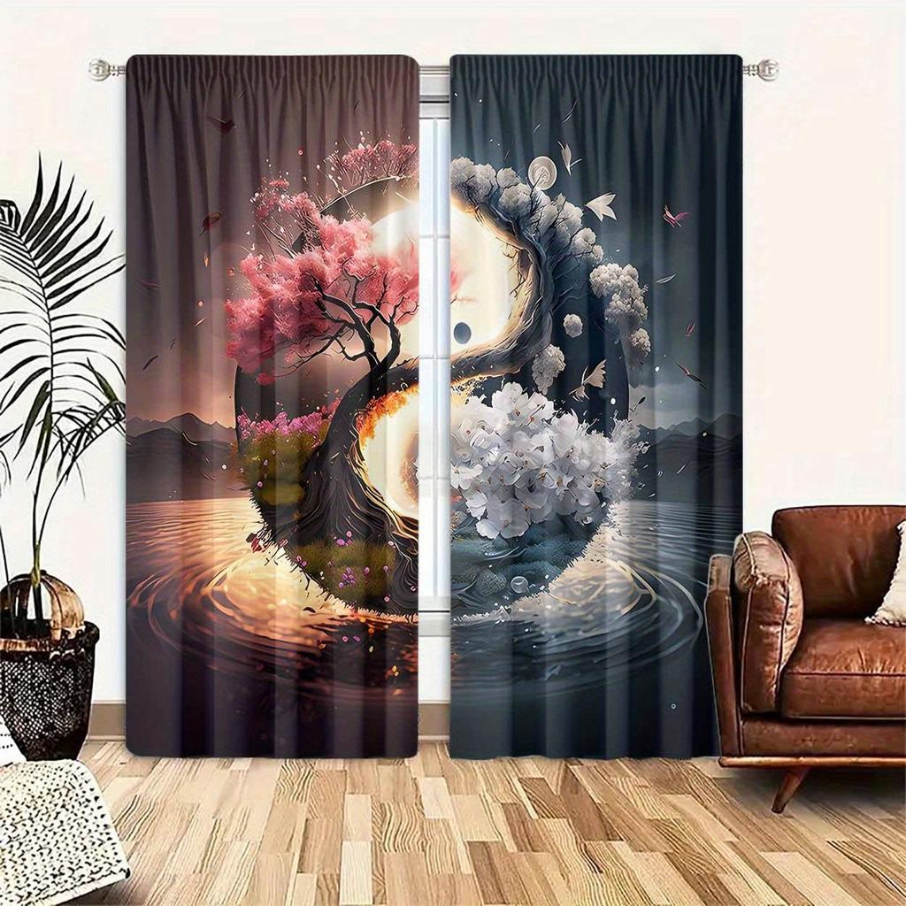 2pcs, Polyester Material, High-definition Digital Printing Two-color Splicing Landscape Pattern Print, Light Filtering Curtain,