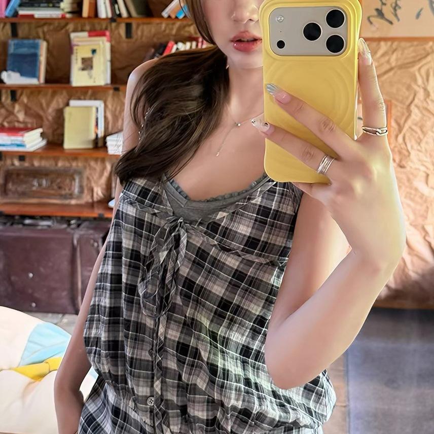 im Xiangzhen two-piece stacked lace suspender plaid corrugated neck sleeveless top women's lace-up vest