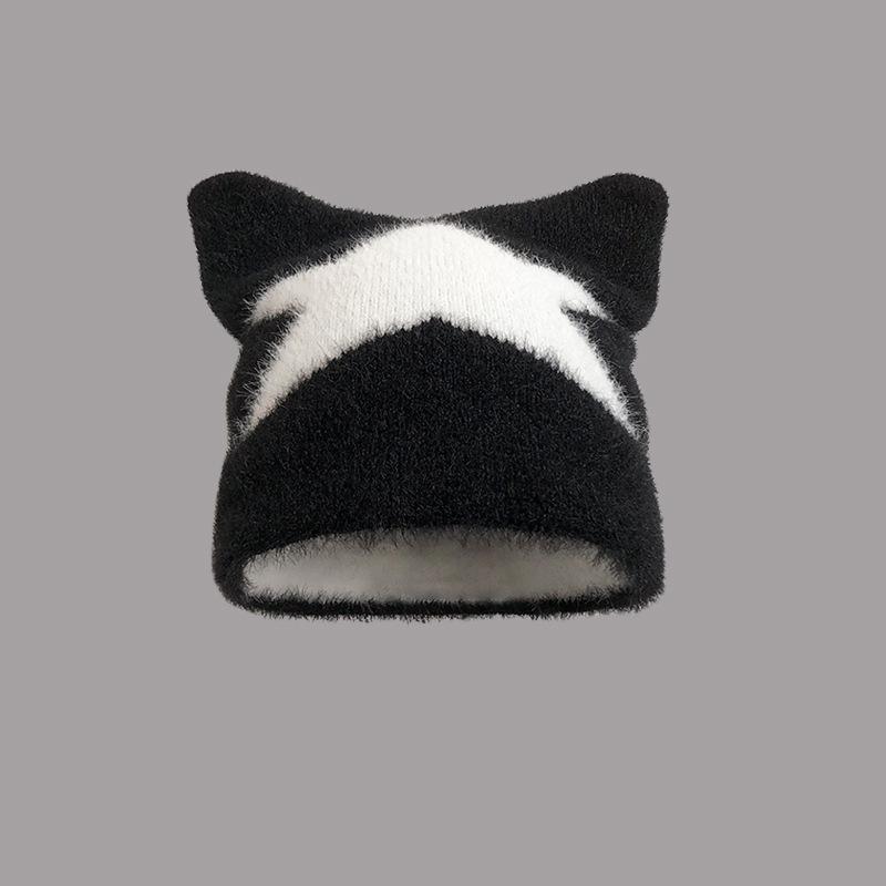 Autumn and winter new five-pointed star star embroidery adult wool cap fashion sweet and spicy cat ears warm hat