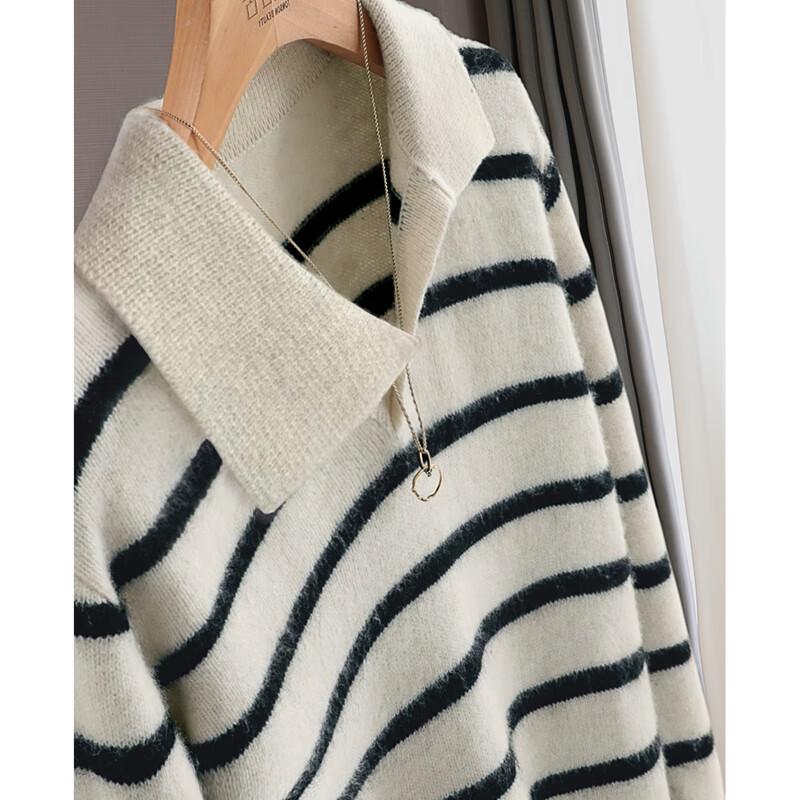 

Women s Striped Long Sleeve Knit Sweater with Turn-Down Collar XL