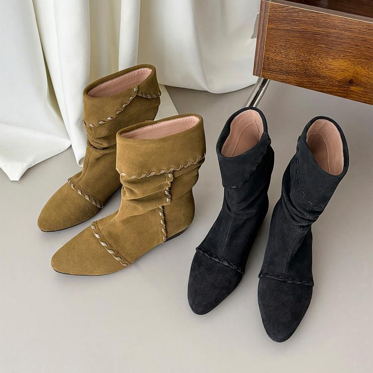 European and American new pointed cats, straps, folds, piles of short boots, flanging one pedal, large size, and more high-heeled boots