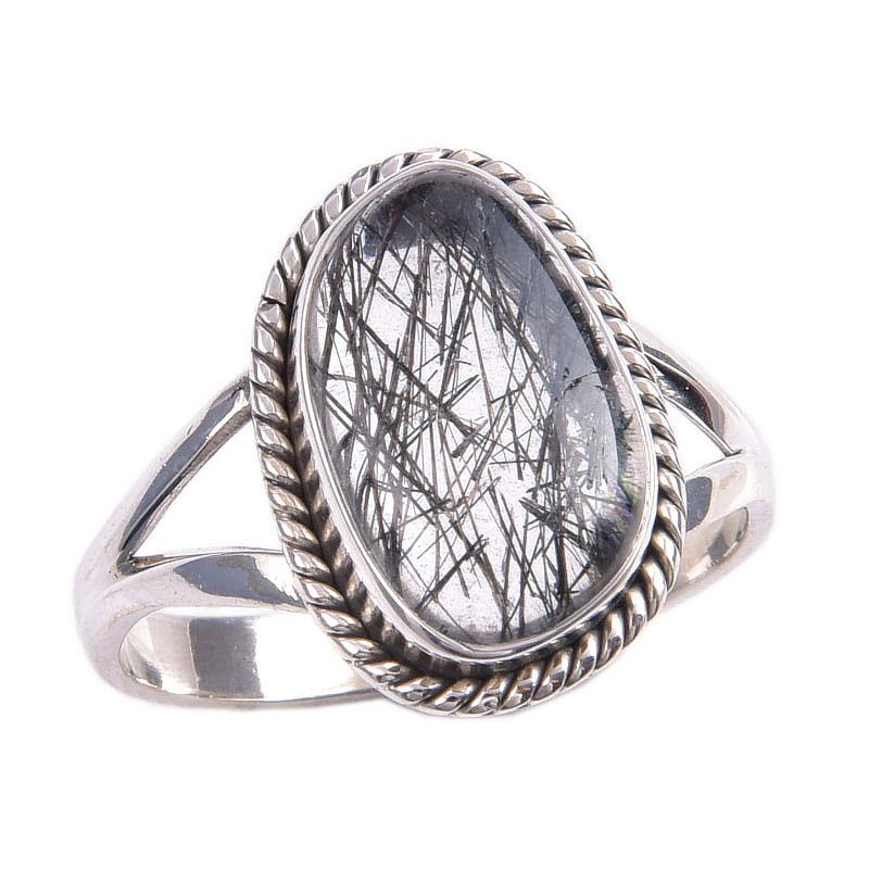 Natural Black Rutile Gemstone 925 Solid Sterling Silver Jewelry Ring S.8.5 H0F27