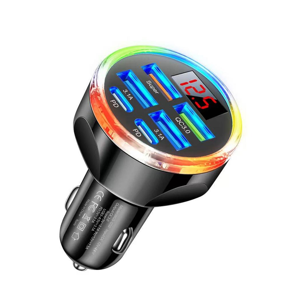 UYUXIO 6 in 1 USB C Car Charger with Voltage Display Multi Port Fast Charge Adapter with Volt Meter for iPhone 17 16 Samsung