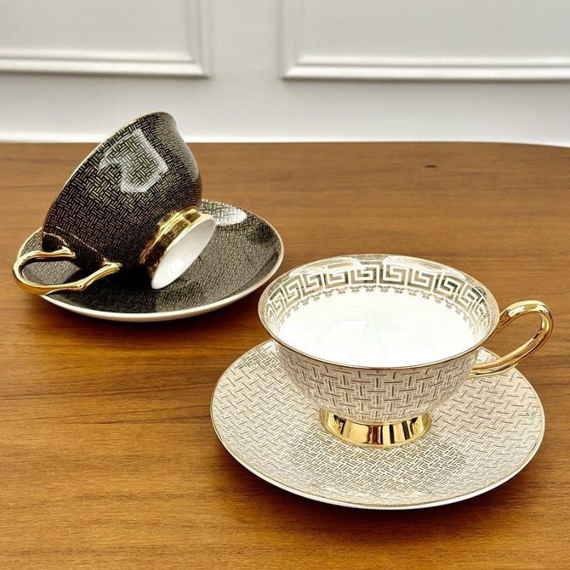Bone Coffee Mug Set Ceramic Classic Grid Mug Coffeware Sets with Gifts Box Packing Wedding Gifts Chinese Tea Cup Drinkware