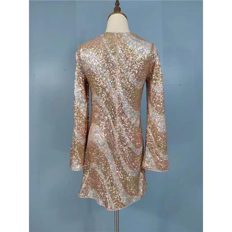 Export H Home Elegant Exquisite Sequin Disco Nightclub Shiny Long Sleeves O-neck Short Easiest for Match Autumn Dress Women