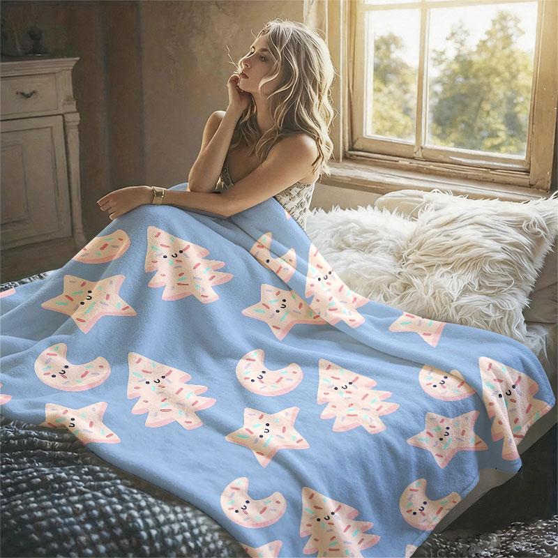 Cute Cookie Pattern Flannel Blanket Warm Soft Halloween Christmas Decorative Couch Warm Cozy All-Season Gift