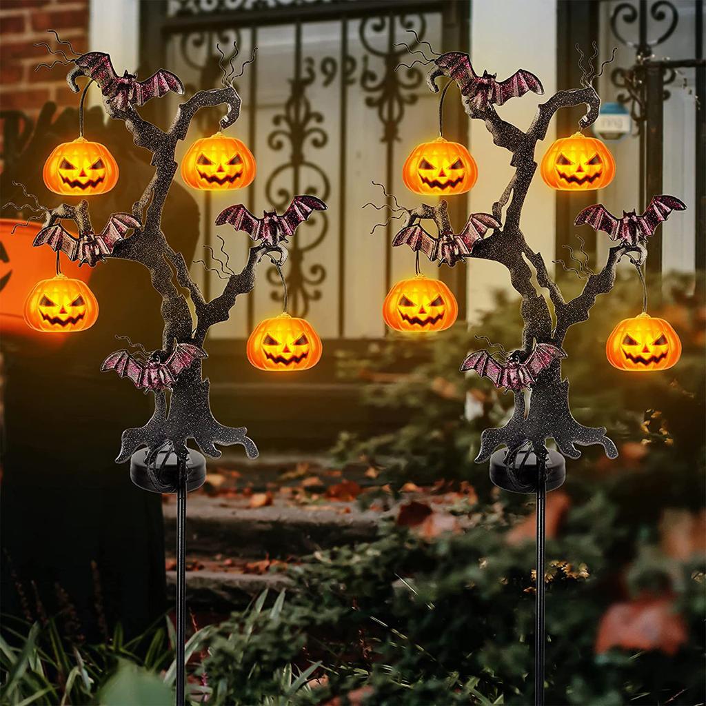 Halloweenowe LED Straszne Kołyszące się Światła Dyni, LED Solarne Halloweenowe Lampki Dyniowe na Palikach, Zewnętrzne Solarne Drzewko Dyniowe do Ogrodu na Zewnątrz