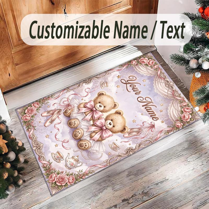 Alfombra de Terciopelo de Cristal con Temática de Osito de Peluche, Alfombrilla Suave para el Suelo con Nombre de Texto Personalizado, Decoración del Hogar