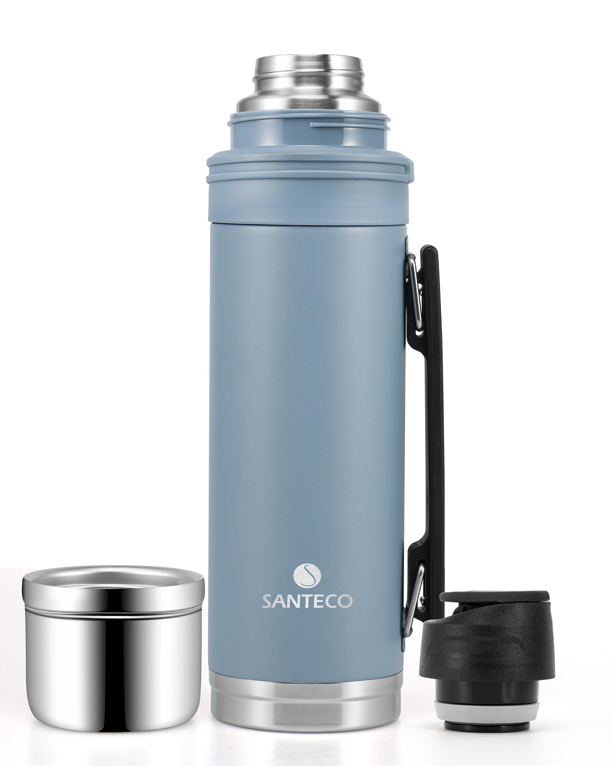

SANTECO Vacuum Insulated Water Bottle, 1 Liter, with Cup, Keeps Cold or Hot, Large Capacity, 316 Stainless Steel Thermos Bottle with Handle, Sports