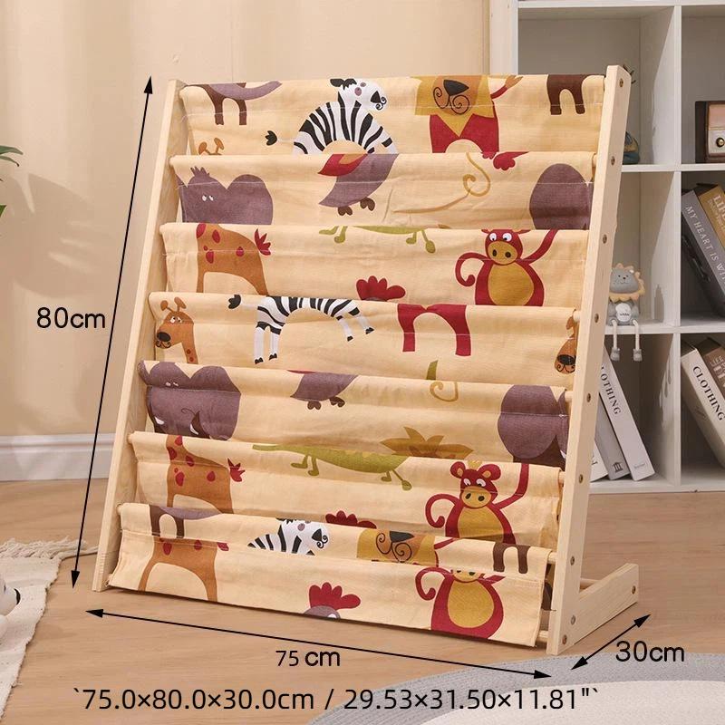 Solid Wood Kids Sling Bookshelf With Canvas Pockets And Large Capacity Perfect For Nursery Playroom Bedroom