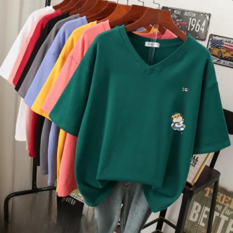 

Жіноча футболка з коротким рукавом, великого розміру, вільна та приталена, топ з V-подібним вирізом з принтом 5XL темно-зелений колір