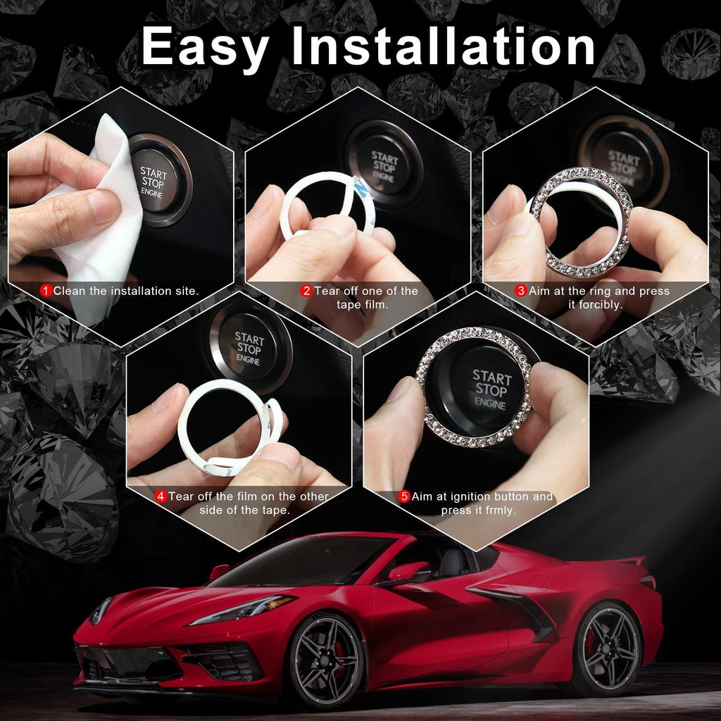 Crystal Rhinestone Car Engine Start Stop Decoration Ring, Bling Car Interior Accessories, Push to Start Button Cover Sticker