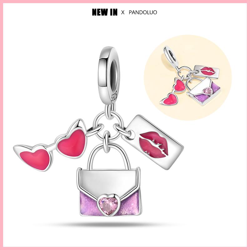 Copper Fashion Pink Princes Skirt Bag Lipstick Heart-Shaped Charm Bead Fit Original 3Mm Woman Bracelet Jewelry Gift