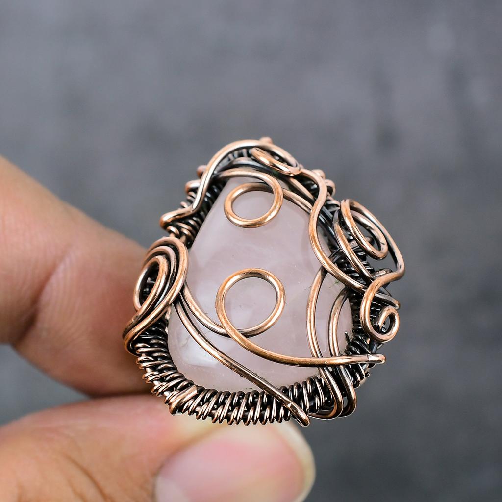 Rose Quartz Handmade Copper Wire Wrap Jewelry Ring Size 9 m5k71