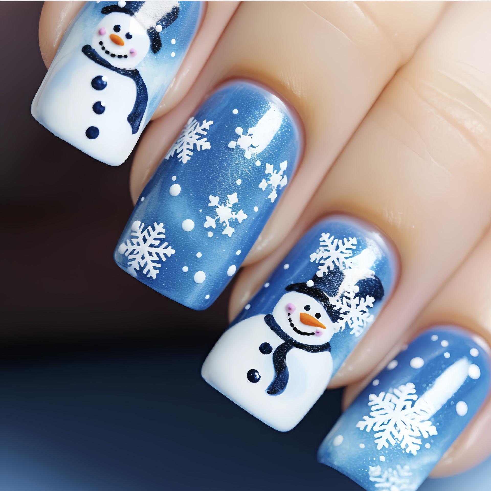 24 Pieces Of Christmas Snowman And Snowflake Pattern Manicure, Blue Manicure, Christmas Atmosphere Yellow jelly glue *4pcs