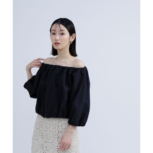 Natural Beauty Basic Blouse with Hook Beige Stripes Women's Off-the-Shoulder Detail,